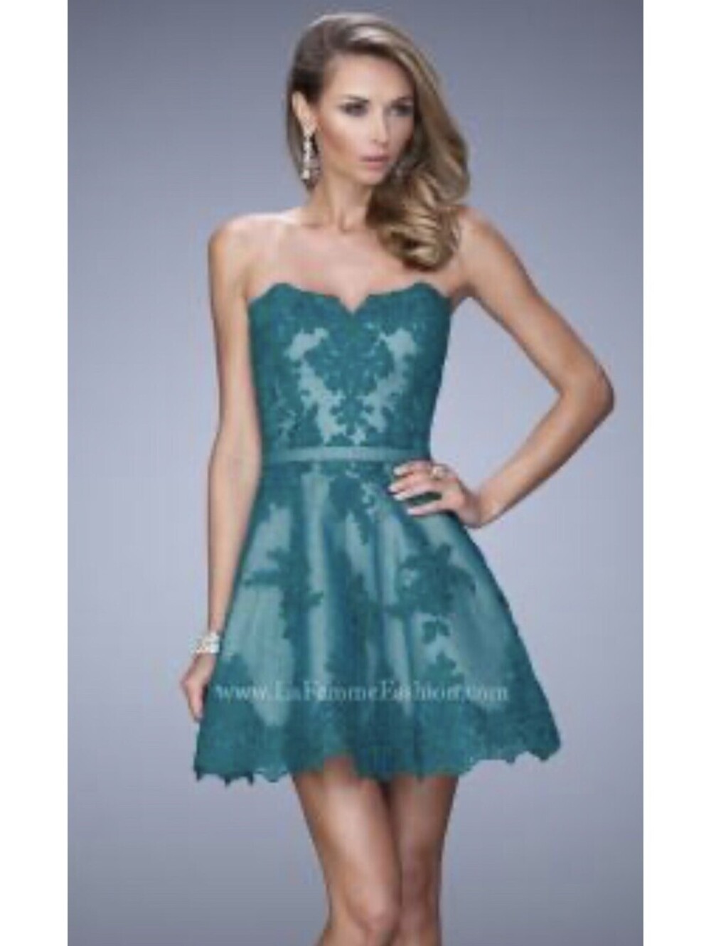 La Femme Sz. 6 Strapless Dress Turquoise Formal Lace Mini Appliqué Mesh Short